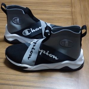 Black, gray and white Champion sneakers